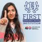 Woman raising one finger next to logo of CDHE First Generation-Serving Institution