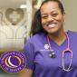 A nurse wearing purple scrubs smiling. Community College of Denver logo. Community College of Denver Health Sciences Pathway logo in the background.