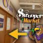 Hallway with arrow pointing to a door and Community College of Denver's mascot, Swoop the CityHawk, holding a green apple. "Swooper Market"