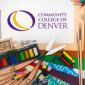 Community College of Denver Logo. Art supplies scattered on a desk.