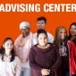 Six people smiling as a group with an orange background. Advising Center text at top of graphic.