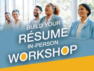 A group of people sitting at a table smiling. Build Your Resume In-Person Workshop.