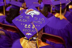 graduation cap decordated with Bronco's logo and other writing