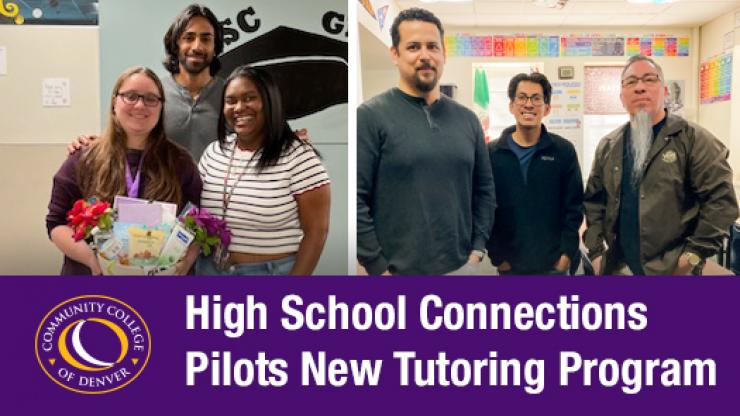Two women and a man smiling. Three men posing in a classroom. High School Connections Pilots New Tutoring Program. CCD logo.