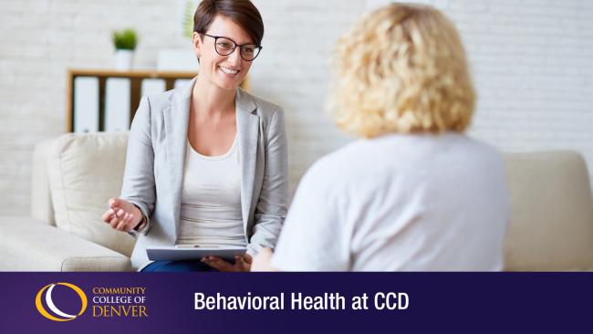 2 women sitting in a room with a light background and text that reads Behavioral health at CCD