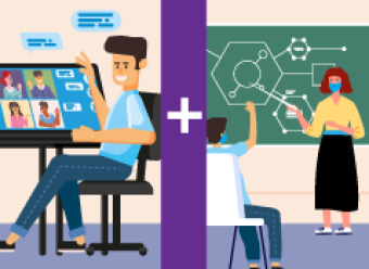 spilt screen graphic of person on computer and person in class room setting