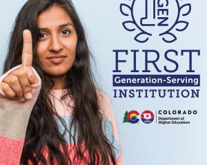 Woman raising one finger next to logo of CDHE First Generation-Serving Institution