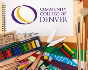 Community College of Denver Logo. Art supplies scattered on a desk.
