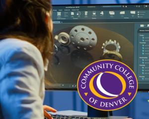 Person with brown shoulder length wearing a blue shirt looking at a computer screen. Community College of Denver logo