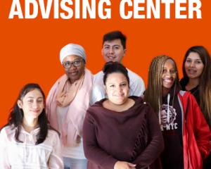 Six people smiling as a group with an orange background. Advising Center text at top of graphic.