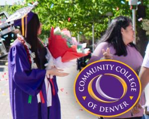 Student wearing purple commencement regalia and holding flowers. A woman wearing a purple shirt stands next to the student. 