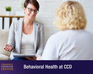 2 women sitting in a room with a light background and text that reads Behavioral health at CCD