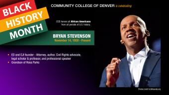 Black History Month. Bryan Stevenson. Photo of man in white collared shirt and blue blazer jacket.